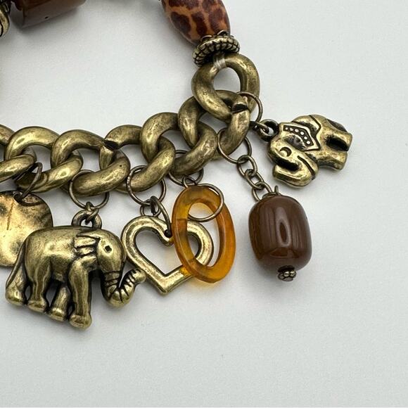Elephant Heart Animal Print Charm Bracelet Stretch Bronze Tone - Picture 3 of 4
